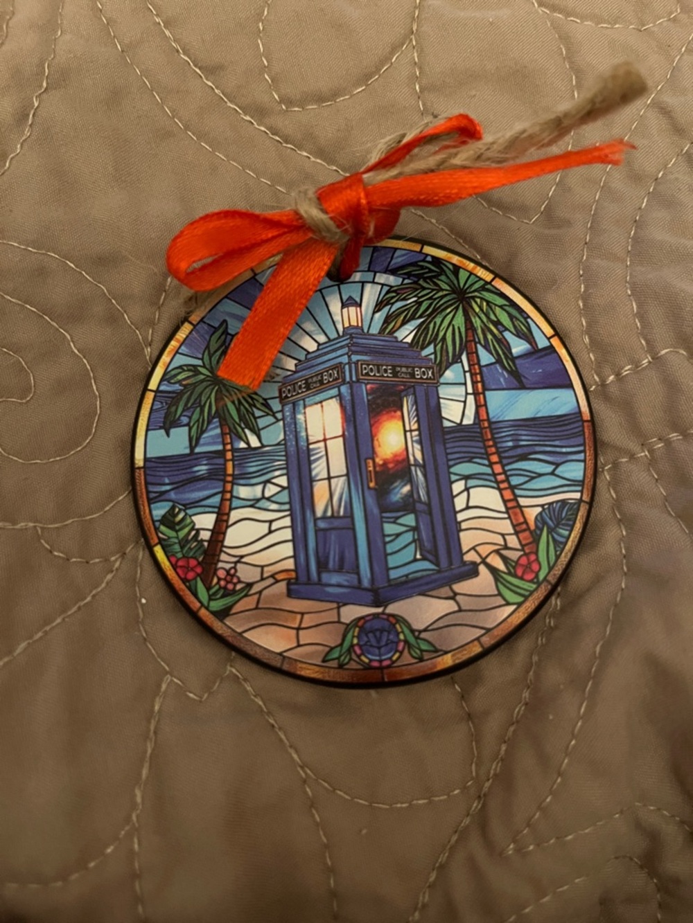 Stained-Glass Style Police Box Ornament - Blue with Brown/Red Bow!
